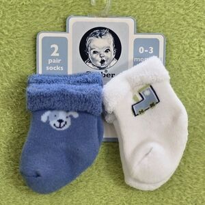 NWT 8-12 lbs 0-3M Gerber BLUE + WHITE Baby Socks - 2 Pair + PUPPY & TRAIN (Q10)